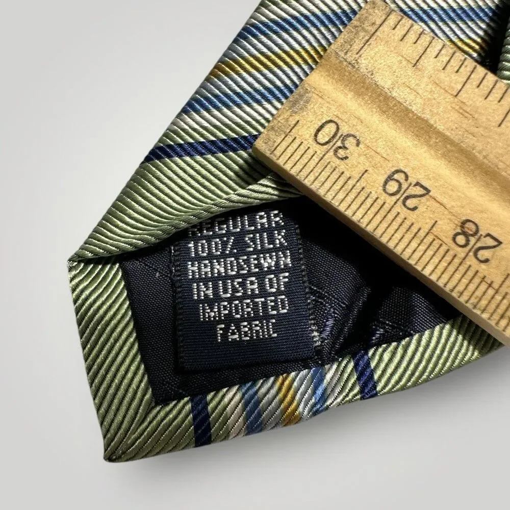 LANDS END Tie Striped 100% Silk Necktie Green/Black/White/Blue/Yellow NWOT